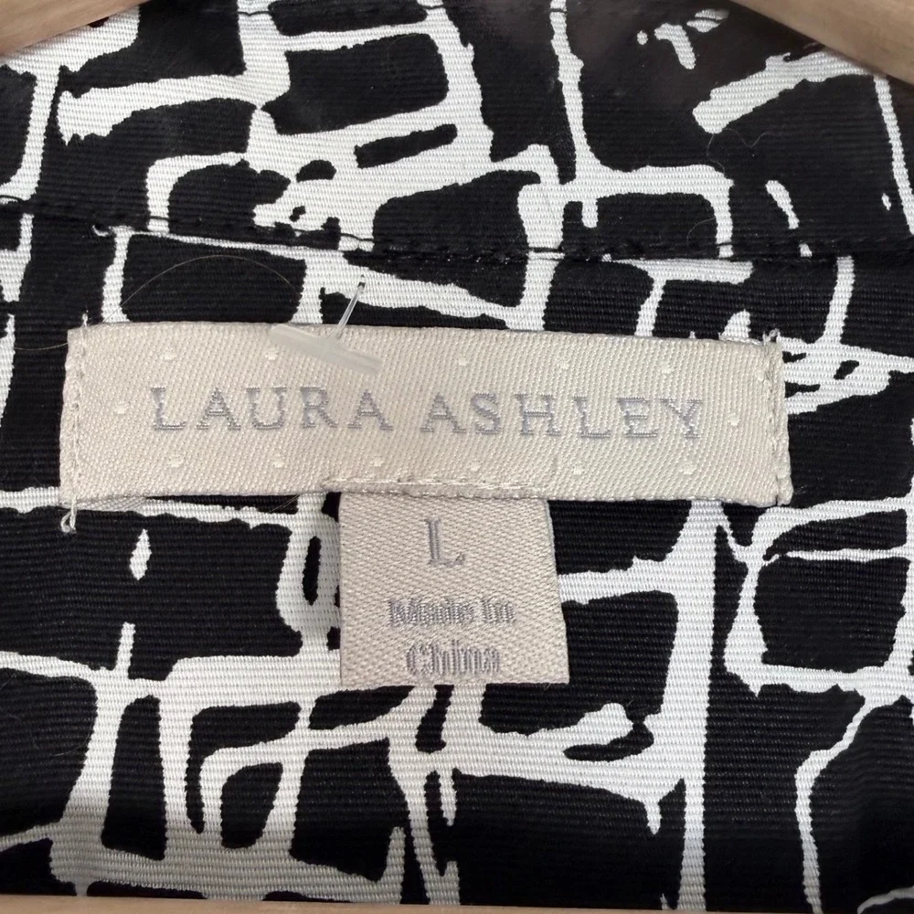 Laura Ashley Womens Black White Geometric‎ Print Button Front Jacket Blazer Sz L